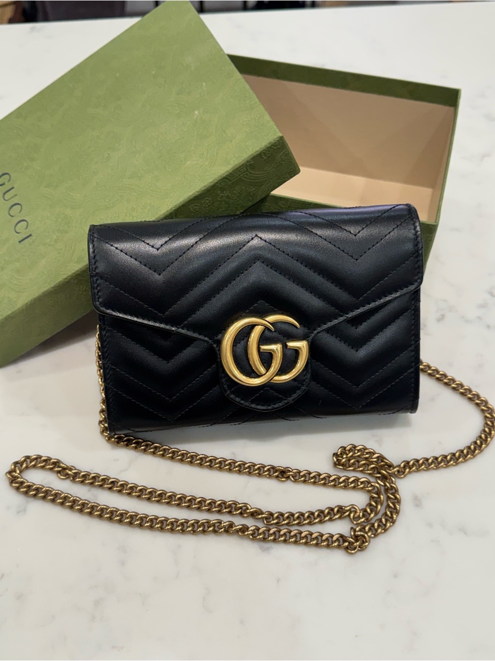 Gucci Black Chevron GG Marmont Shoulder Bag on Chain with Gold Hardware